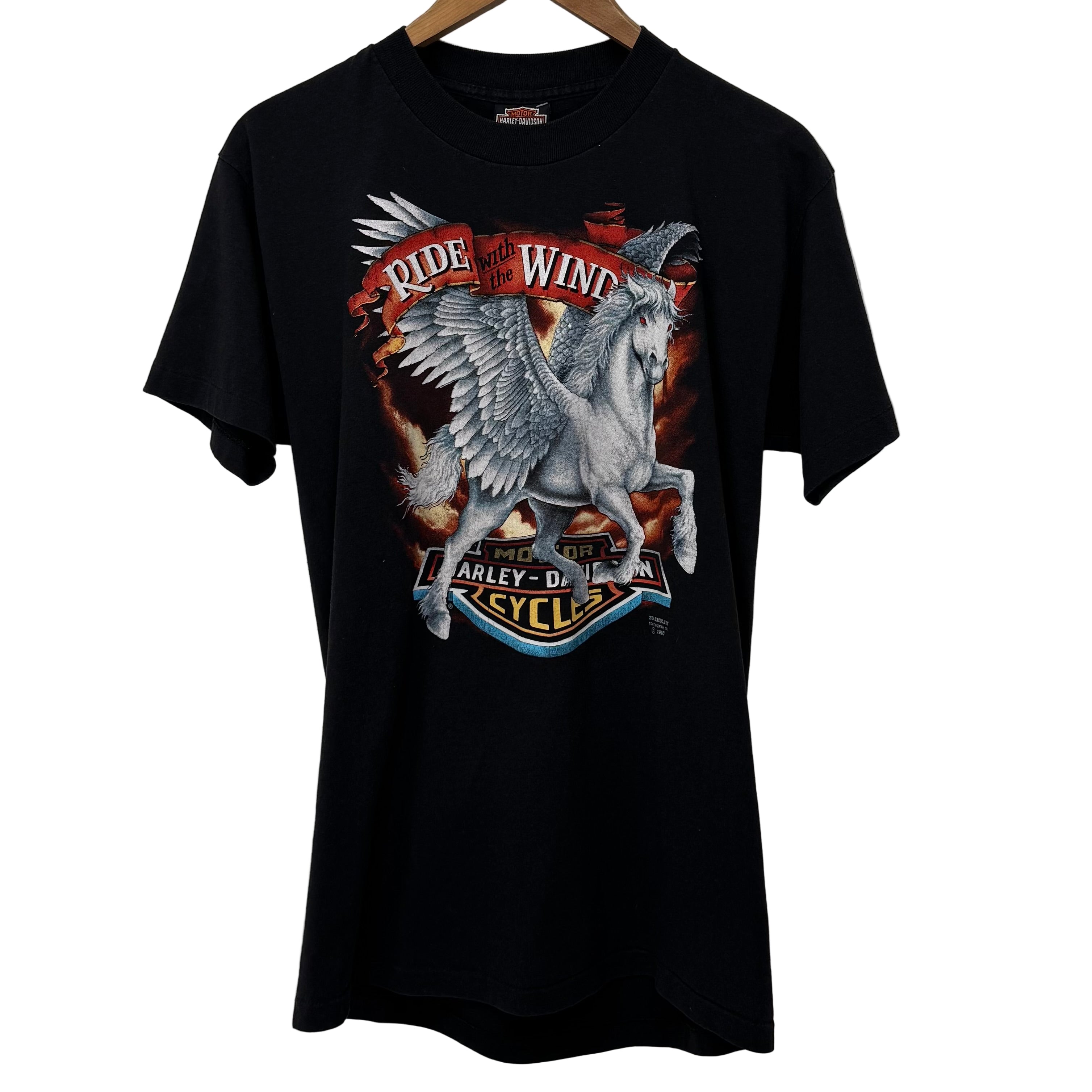 Ride the Wind 1990 3D emblem black tshirt Harley Davidson size