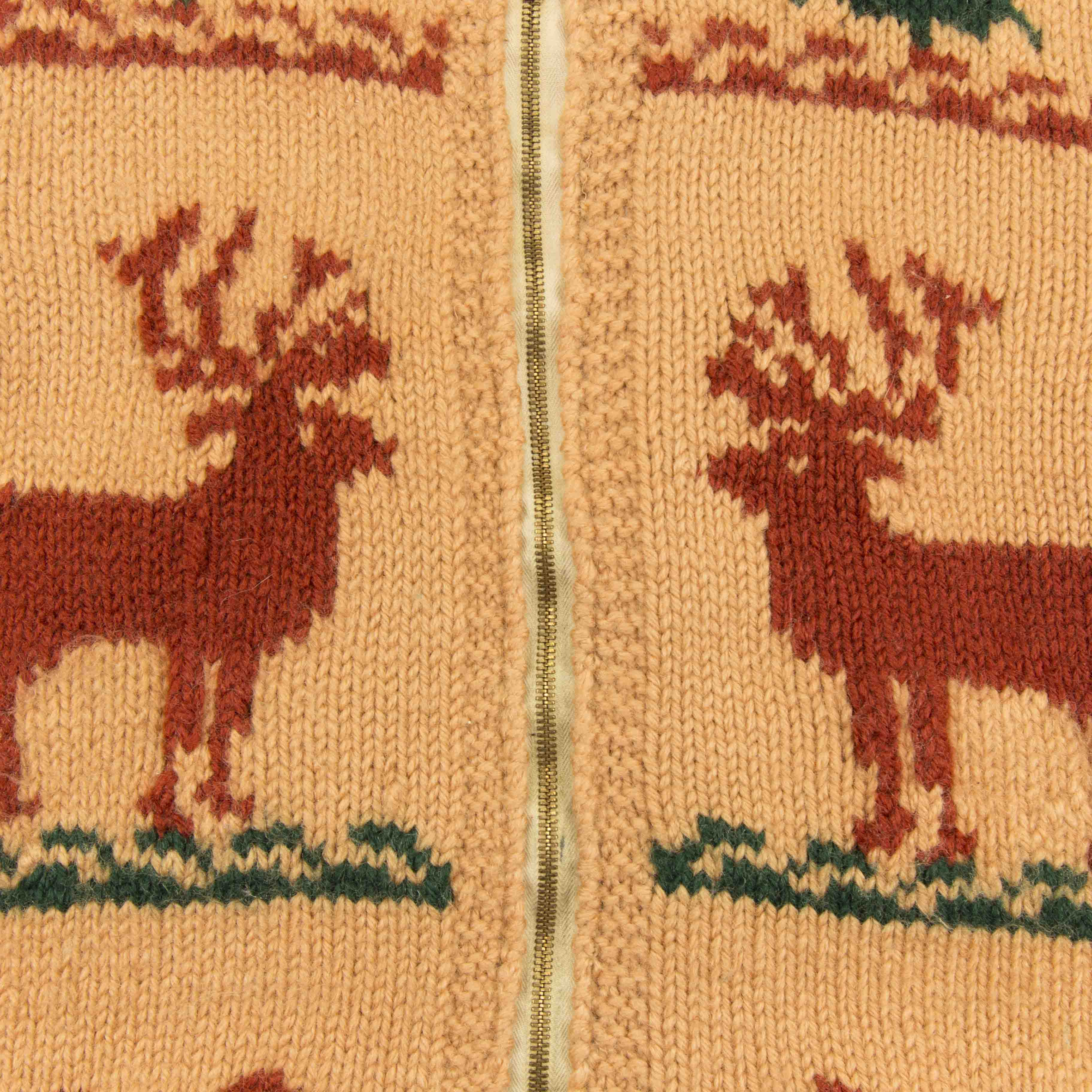 Dark beige with red and green 80s hand knit zip cardigan