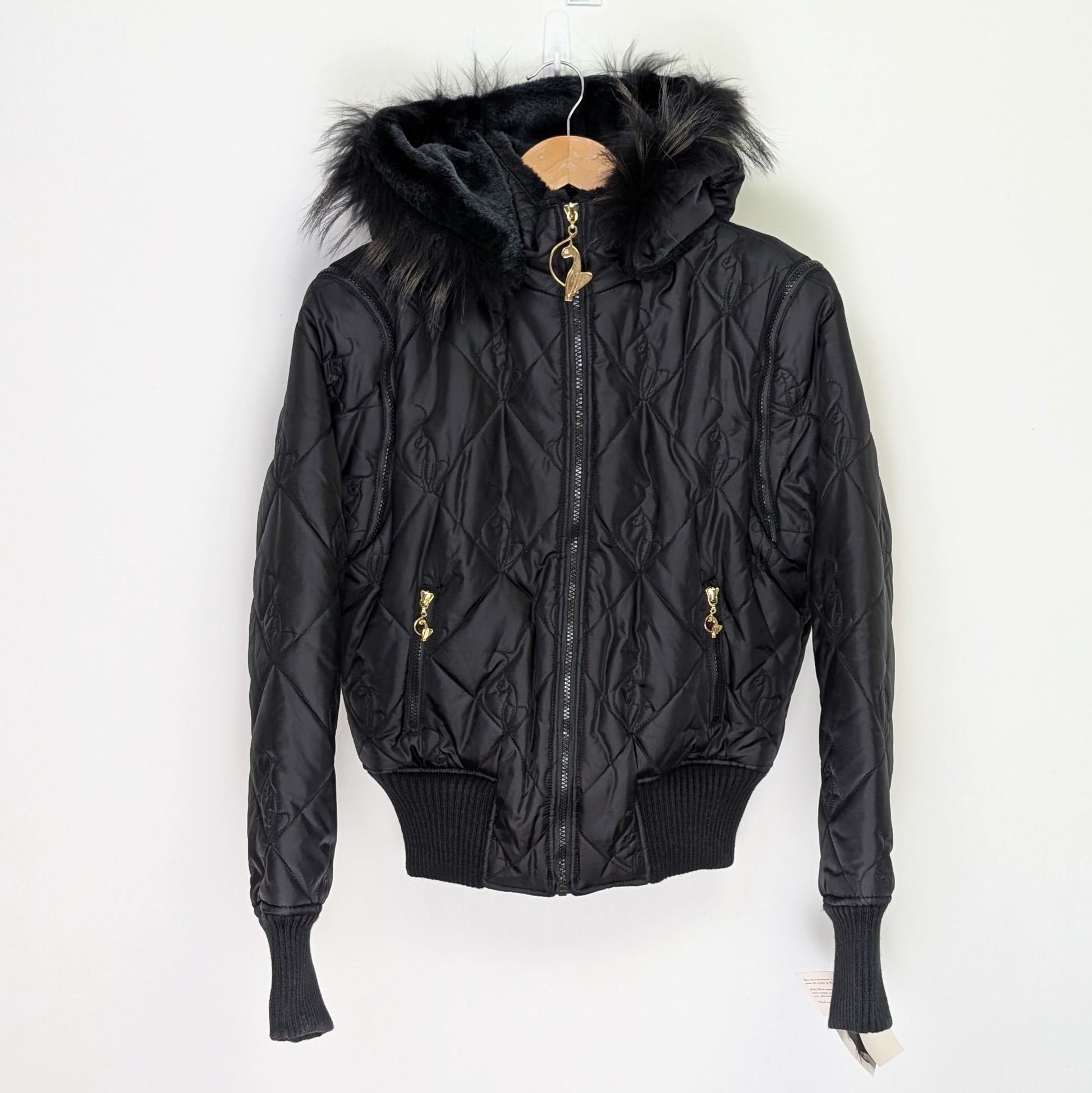 Baby phat black bomber jacket zip off sleeves quilted cat logo